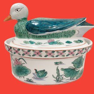 Old World Chinoiserie Duck Tureen With Lid, Chinese Duck Dish, Lidded Casserole